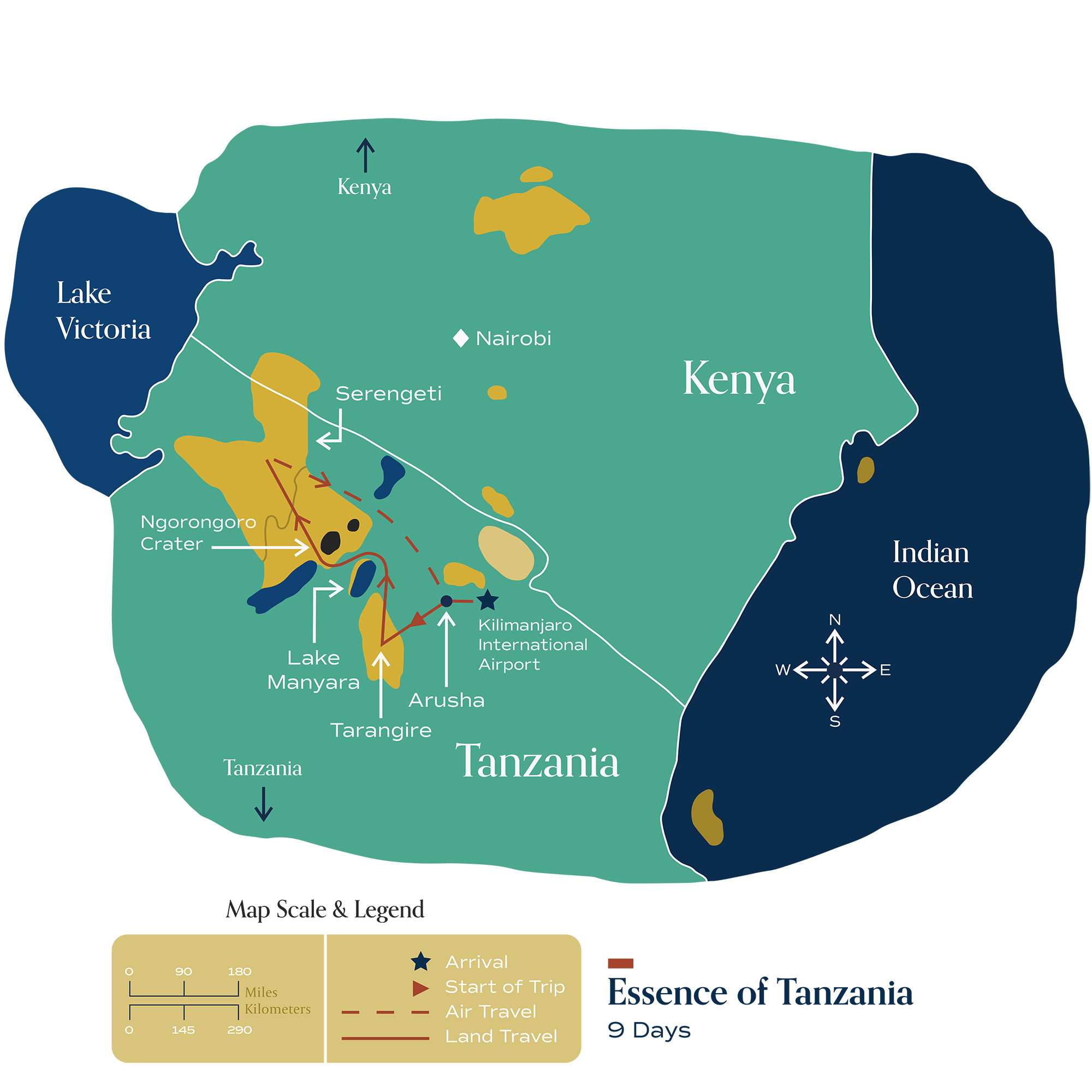 This map visually depicts Metamo's "Essence of Tanzania" journey.