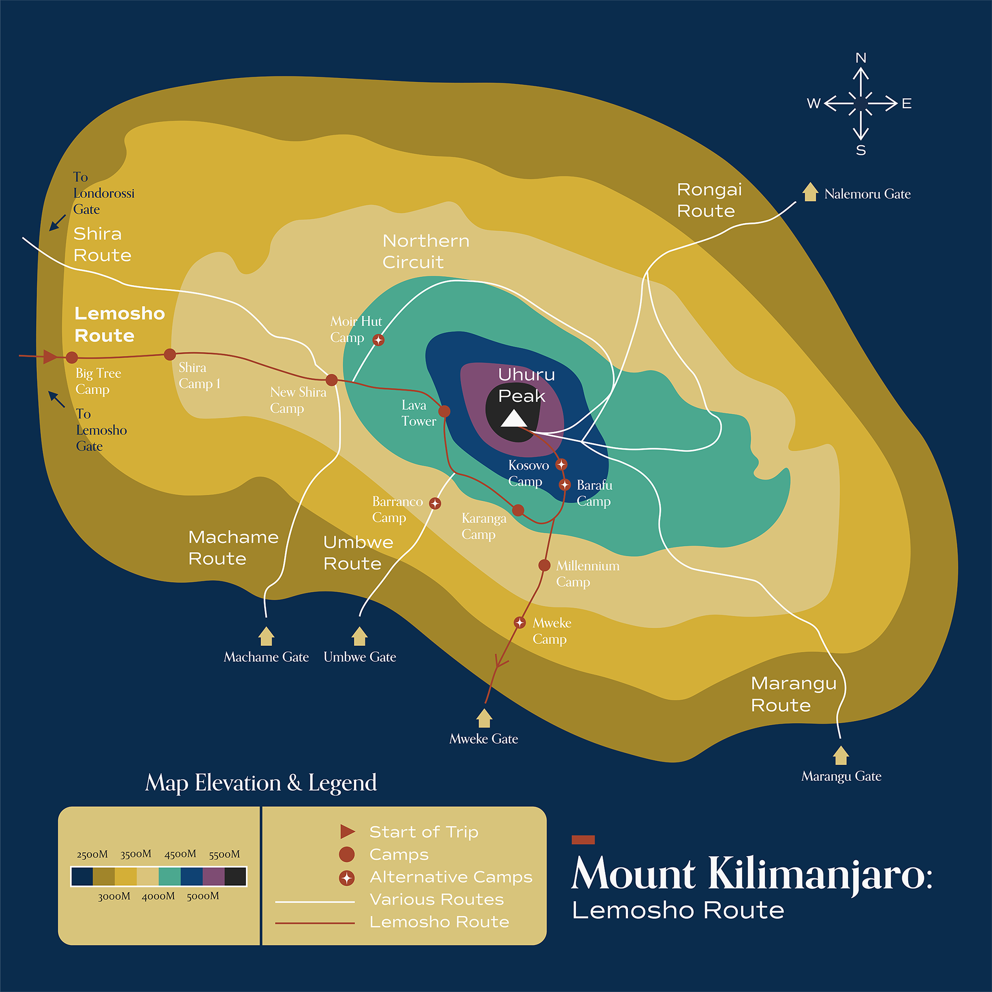 This map visually depicts Metamo's "Above the Shadow of the Giant" journey, and highlights the Lemosho Route.