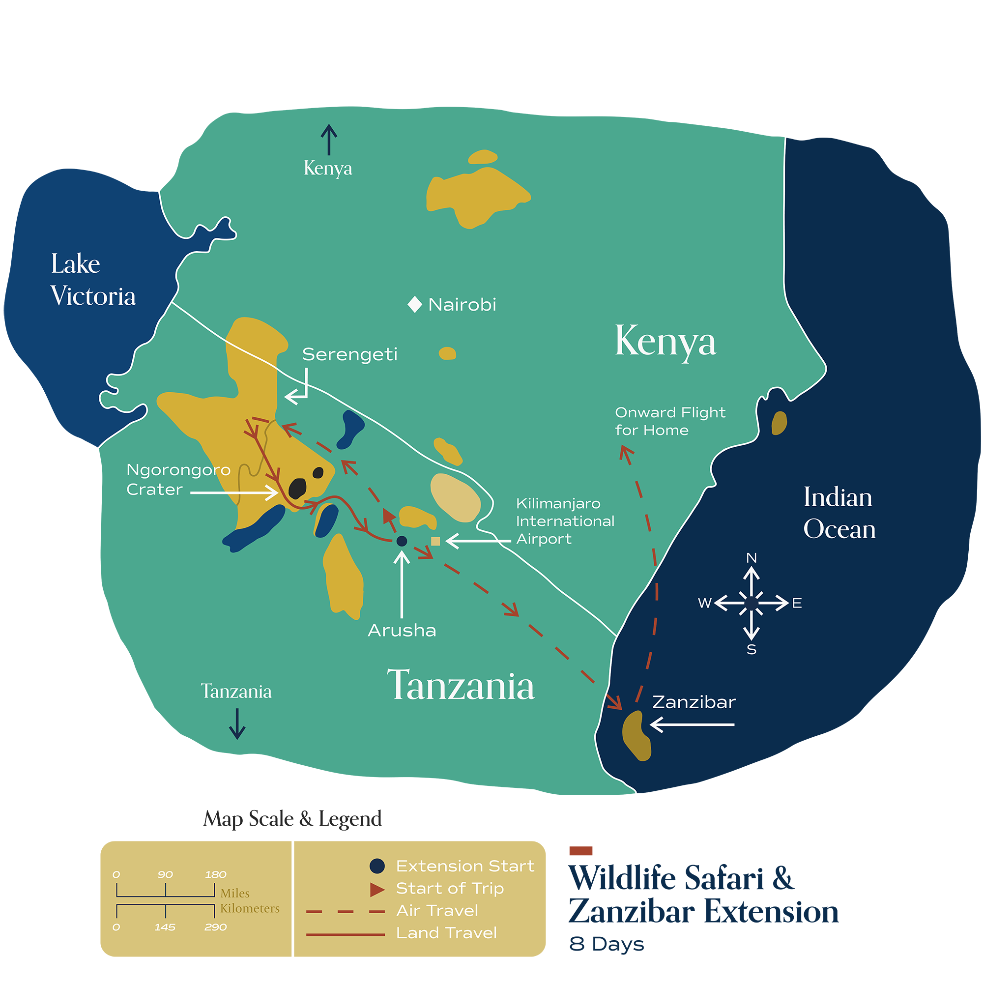 This map visually depicts Metamo's "Wildlife Safari & Zanzibar" extension.