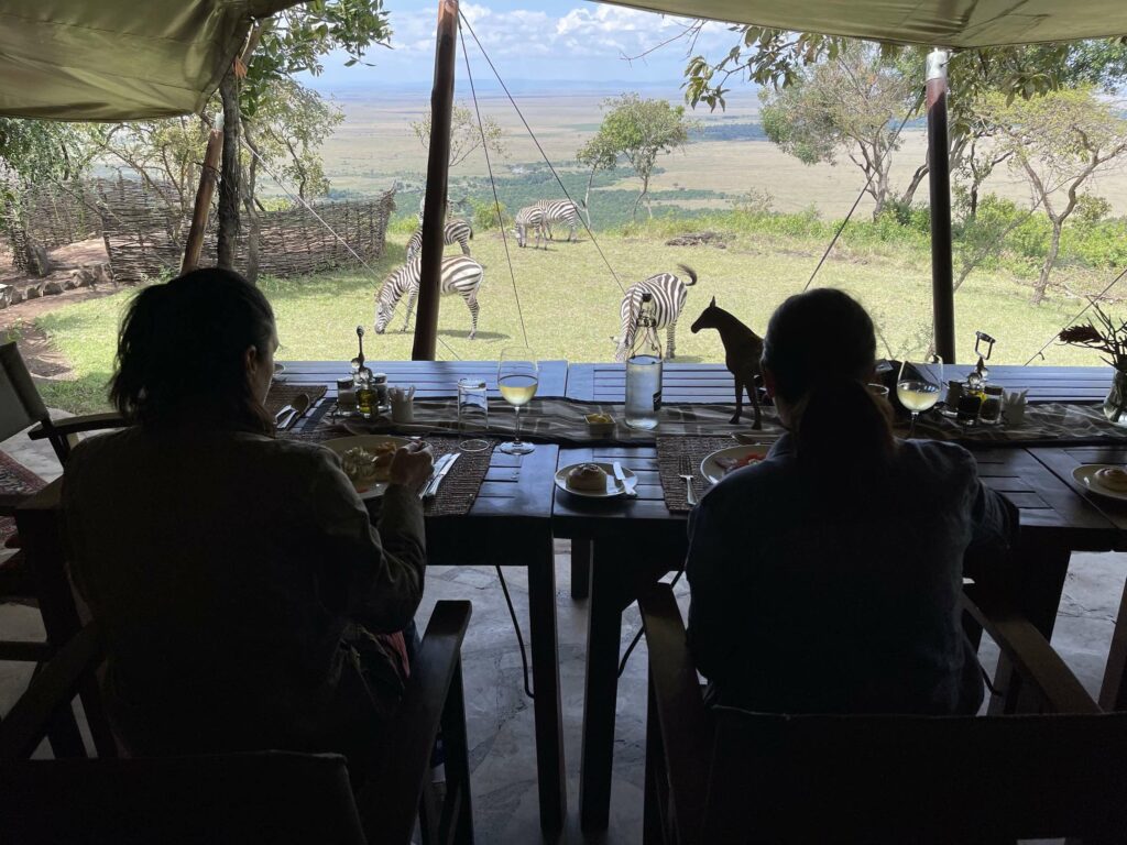 Two people sharing a lunch in a safari tent while watching the zebras.