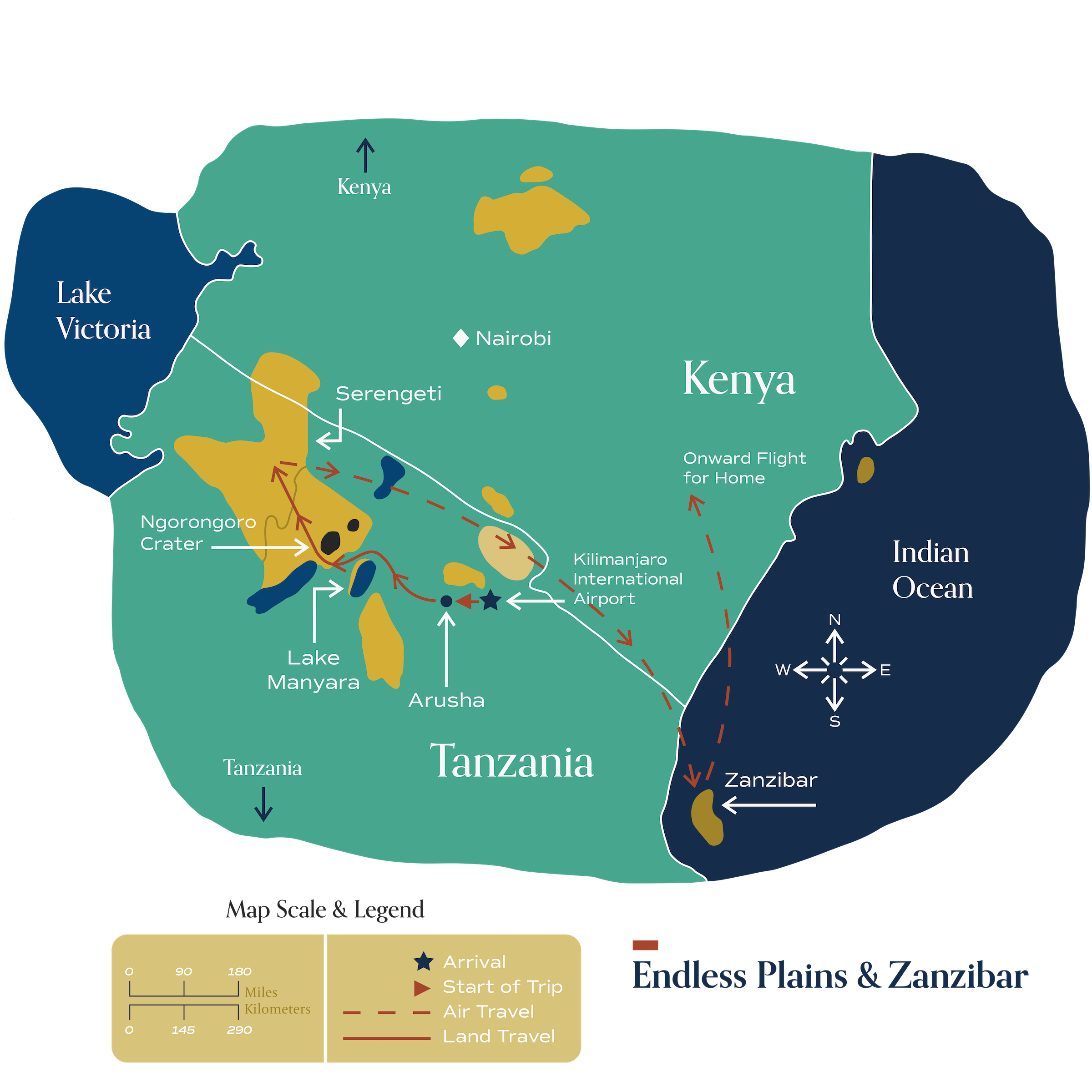 This map visually depicts Metamo's "Essence of Tanzania" journey.